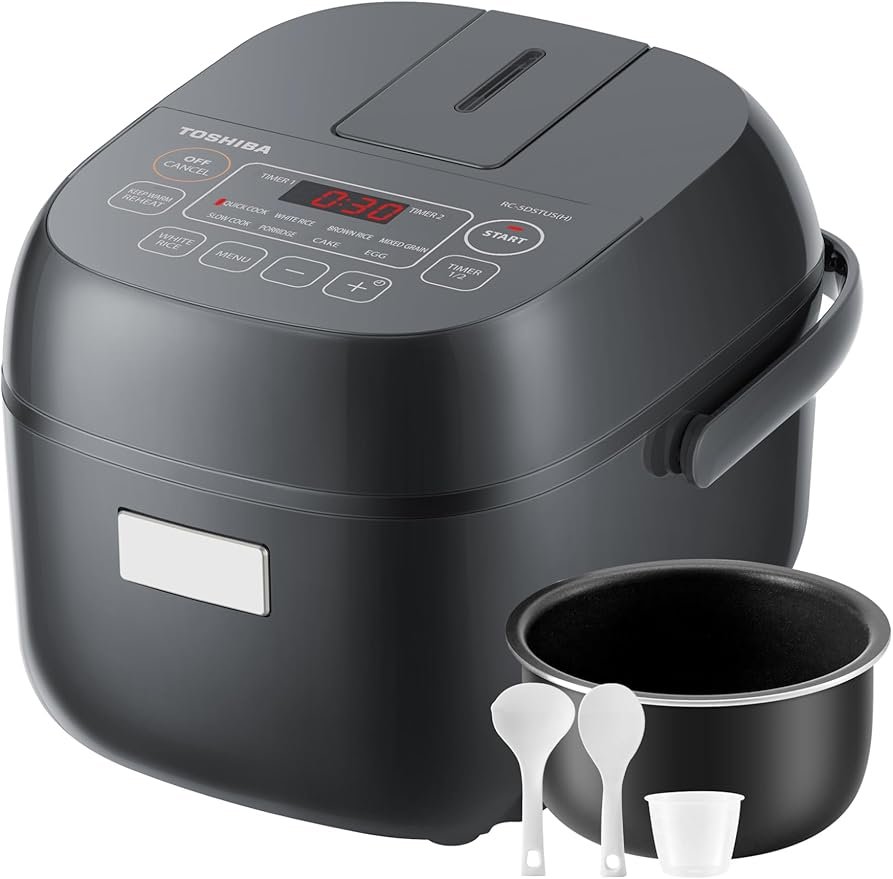 cooking functions rice oatmeal mixed grains, pot grey, toshiba store, egg offers great versatility, intuitive control panel features, large lcd display, effortless programming, warm/reheat function, rice warm, hours delay timers, advance accessories included measuring cup spatula, soup ladle